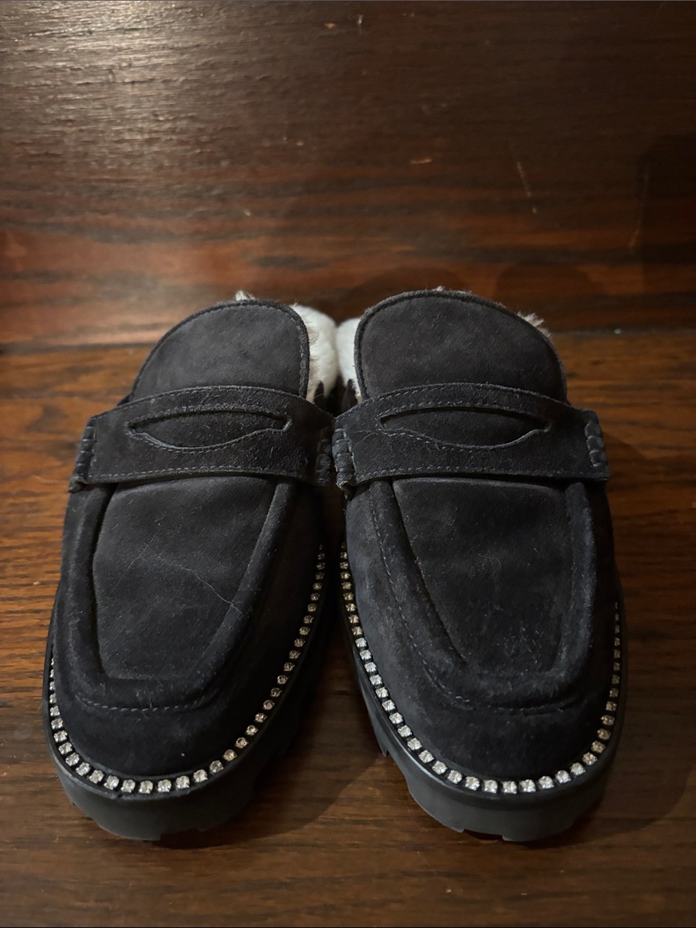 Jimmy Choo Black Suede Loafer Flats with Rhinestone Trim